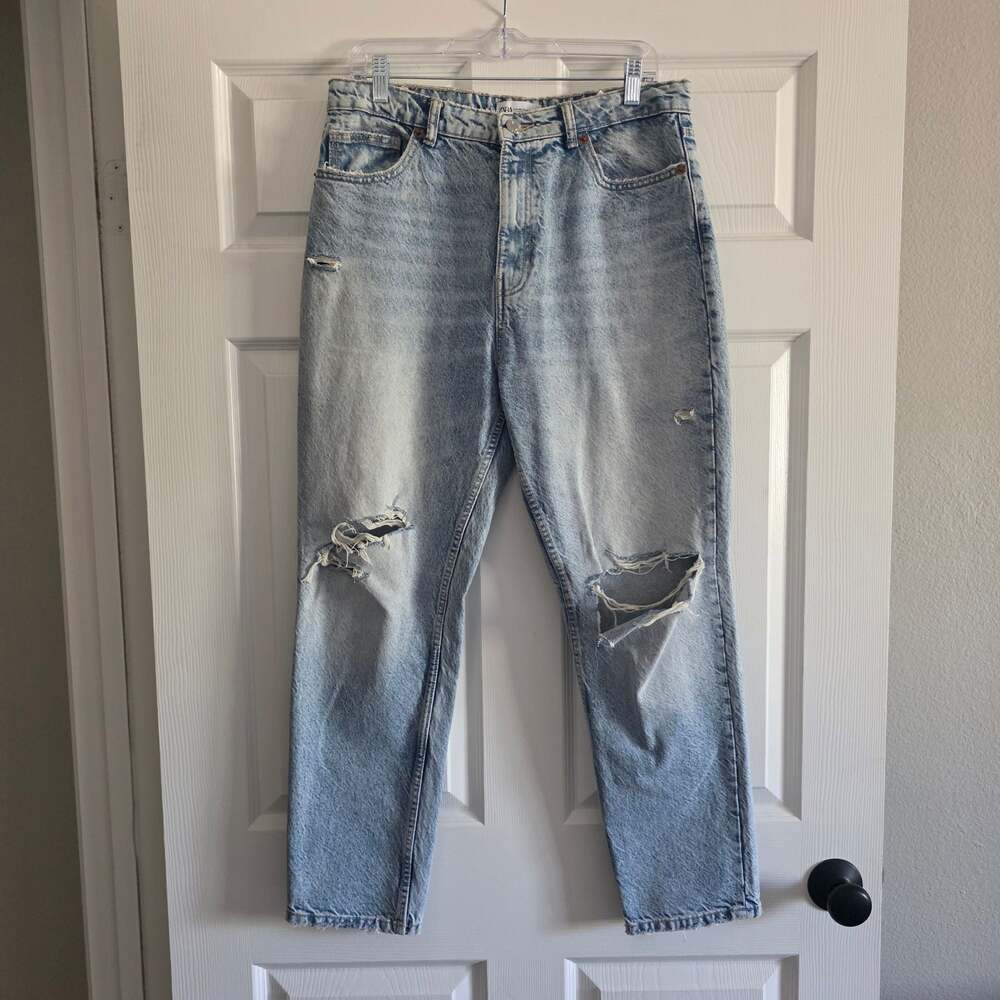ZARA Women's Distressed Light Wash High Rise Straight Leg Jeans Size 8